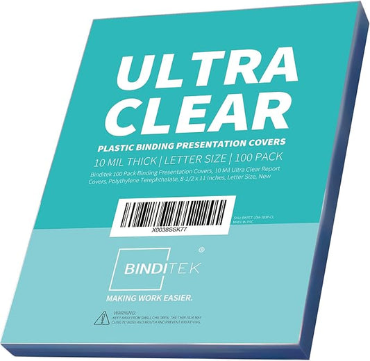 Binditek 100 Pack 10 Mil Binding Presentation Covers, Ultra Clear Report Binding Covers, 8-1/2 x 11 Inches, Letter Size, Square Corners, Un-Punched, for Students and Coworkers