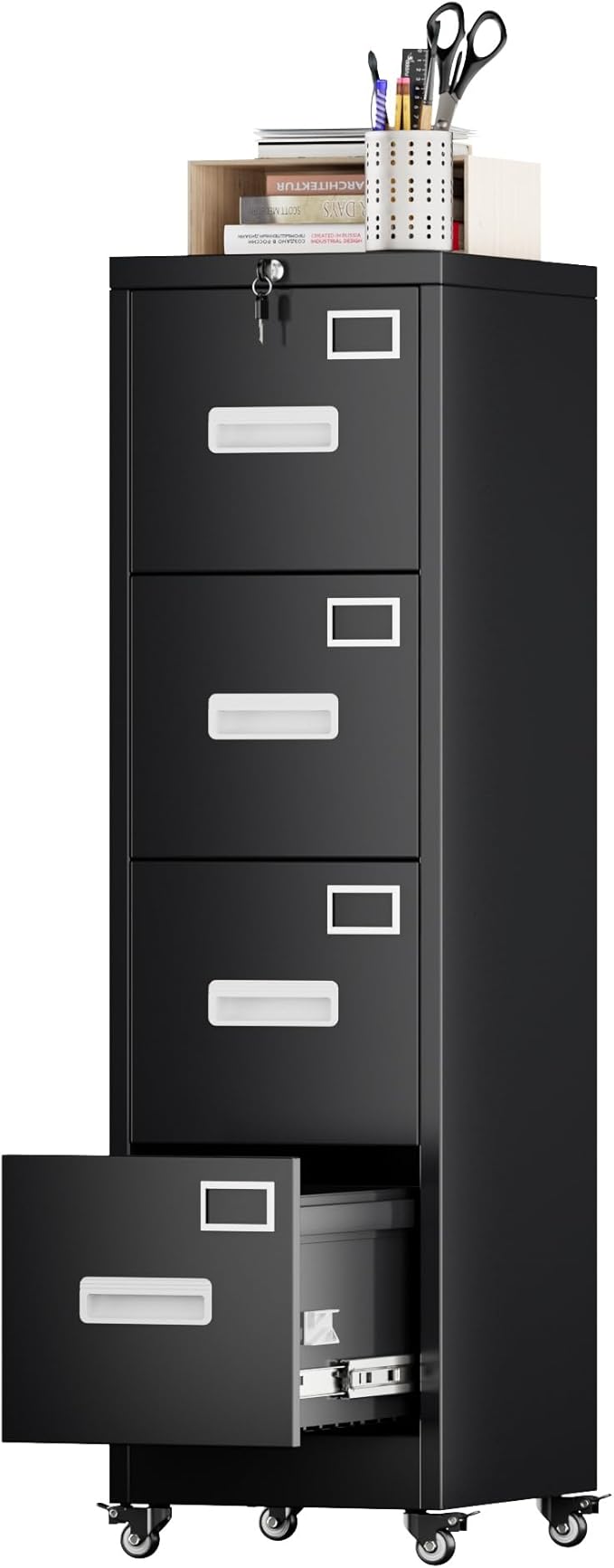Aobabo 56" H 4 Drawer Moblie File Cabinet with Lock, Metal File Cabinet for Home Office with Wheels, Storage Legal/Letter A4 Size, Black, Assembly Required