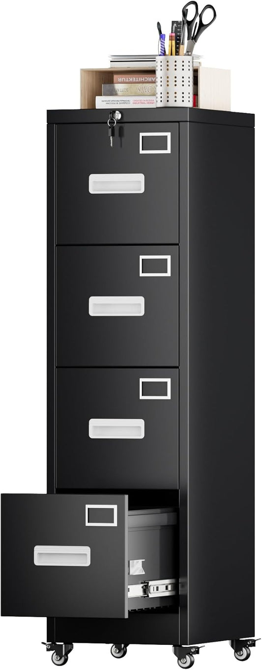 Aobabo 56" H 4 Drawer Moblie File Cabinet with Lock, Metal File Cabinet for Home Office with Wheels, Storage Legal/Letter A4 Size, Black, Assembly Required