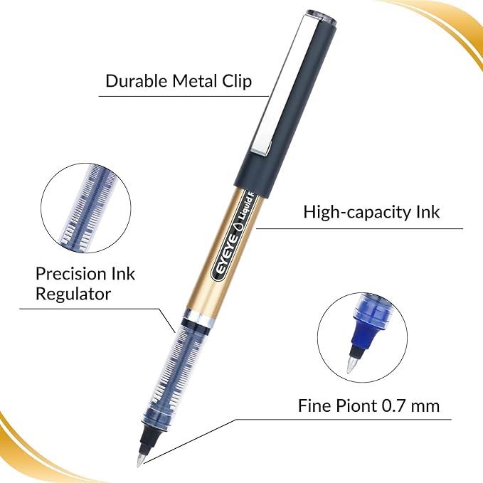 EYEYE Black Rollerball Pens 12 Pack 0.7mm Medium Point, Quick Dry Liquid Ink, Smooth Writing for Journaling, Note Taking, Office & School Supplies