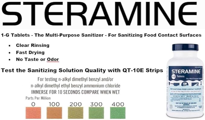 2 Bottles Steramine Sanitizer Tablet 15xQT-10 Test Strip, Multi Purpose Steramine Sanitizing Tab for Food Contact Surface Kitchen, Restaurant, Diner & Food Service by FryOilSaver Co. (300 Tablets)