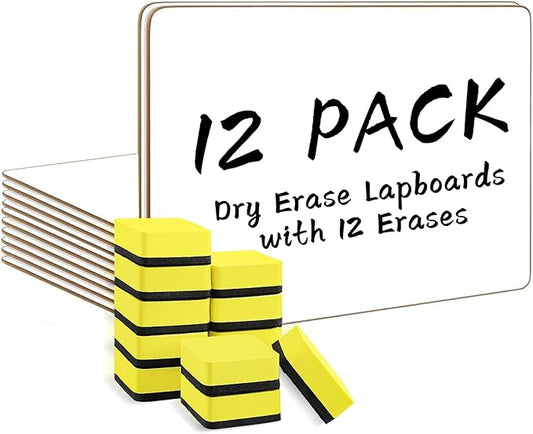 Dry Erase Lapboards, HERKKA 12 Pack Double Sided Small Dry Erase Whiteboards 9 x 12.5 Inch with 12 Erasers, Small Dry Erase Boards for Classroom Teacher Supplies, Personal White Boards for Students