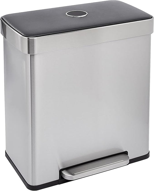 Amazon Basics Dual Compartment Recycling Trash Can with Soft-Close Lid and Removable Liner Buckets, 60 Liters, Rectangular, Grey, Silver