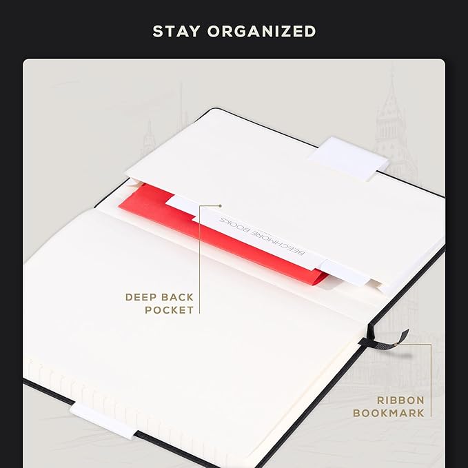 BEECHMORE BOOKS Lined Journal Notebook, 5.8 x 8.3 inch, A5 160 Lined Pages, Hardcover Leather Journals for Women, Men, Writing and Notebooks for Work - 120 GSM Thick Paper, Gifts Box Included