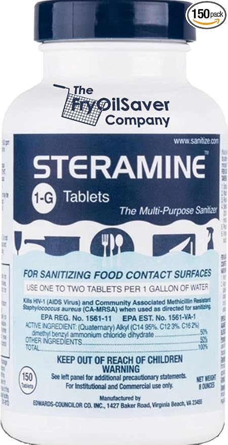 1 Bottle Steramine Tablet, Steramine Multi Purpose Sanitizer Tablet for Food Services, Food Contact Surfaces, Bar, Hotel Kitchen, Busy Diners, Restaurants & FoodTrucks by FryOilSaver Co. (150 Tablets)