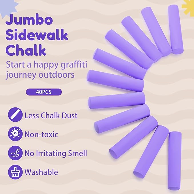 Fulmoon 40 Pcs Jumbo Sidewalk Chalk for Kids Outdoor Art Non Toxic Large Washable Street Chalk for Adults Drawing Painting Classroom(Purple,Round Style)