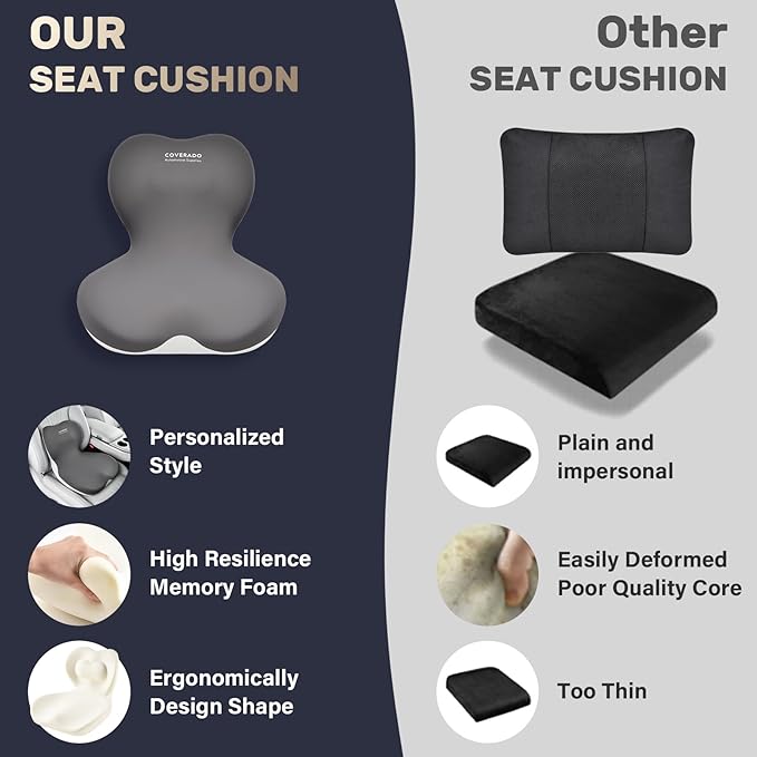 Coverado Seat Cushion and Lumbar Support Pillow One Piece for Car Office Chair, Ergonomic Memory Foam Desk Chair Cushion Back Support Pillow, Sciatica & Back & Tailbone Pain Relief Cushion-Gray