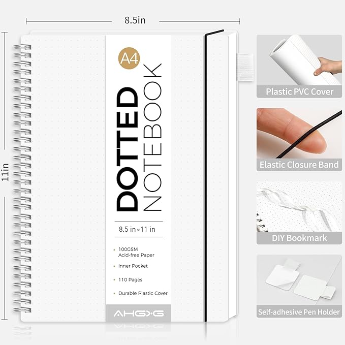 AHGXG Bullet Dotted Journal - Dot Grid Spiral Notebook 8.5" x 11", A4 Large Dotted Notebook, 100 GSM Thick Paper, Waterproof Plastic Cover Journals for Bullet Journaling, Sketching, Transparent