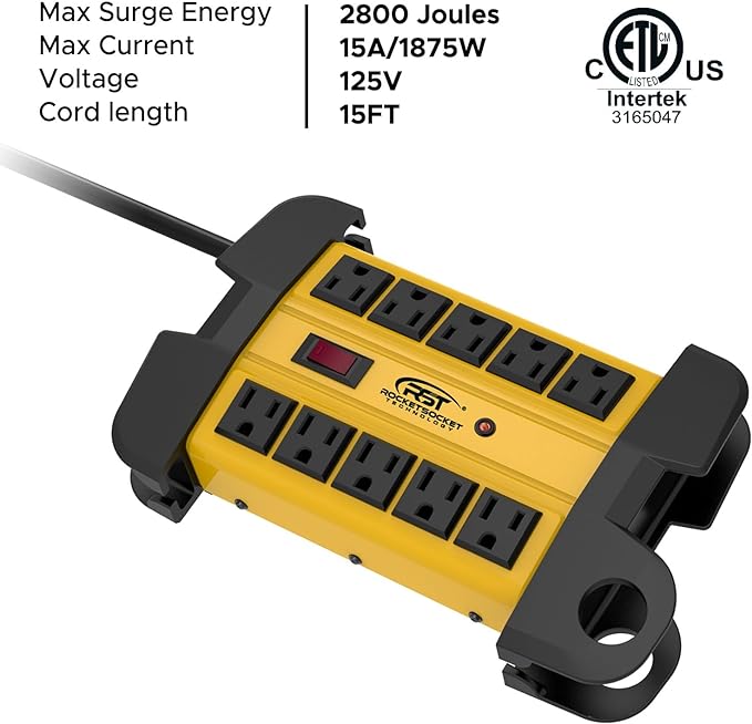 CRST 10-Outlets Heavy Duty Power Strip Metal Surge Protector with 15 Amps, 15-Foot Power Cord 2800 Joules for Garden, Kitchen, Office, School, ETL Listed(3165047) (10-Outlet, Yellow)