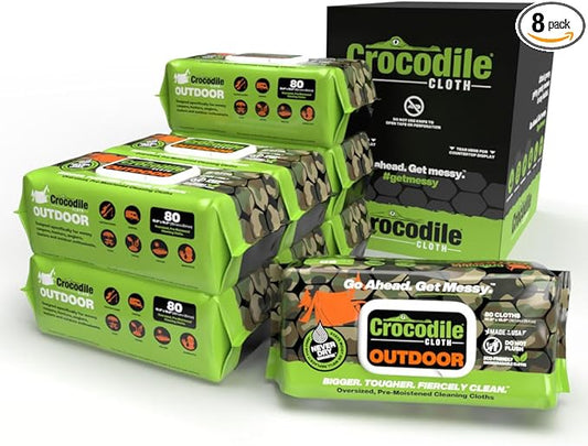 Crocodile Cloth Outdoor Cleaning Wipes – 8 Packs/640 Total Count Plant-Based Cloths (15"x10"), Skin Safe, Pre-Moistened, Aloe & Vitamin E Infused, Large, Absorbent, Multi-Surface Disposable Wipes