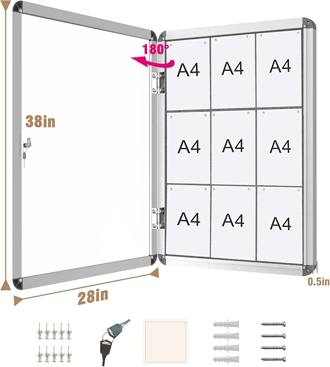 38"x28" Enclosed Bulletin Board, Lockable Weather-Resistant Aluminum Cork Noticeboard for School & Office, Silver Frame w/Grey Flet
