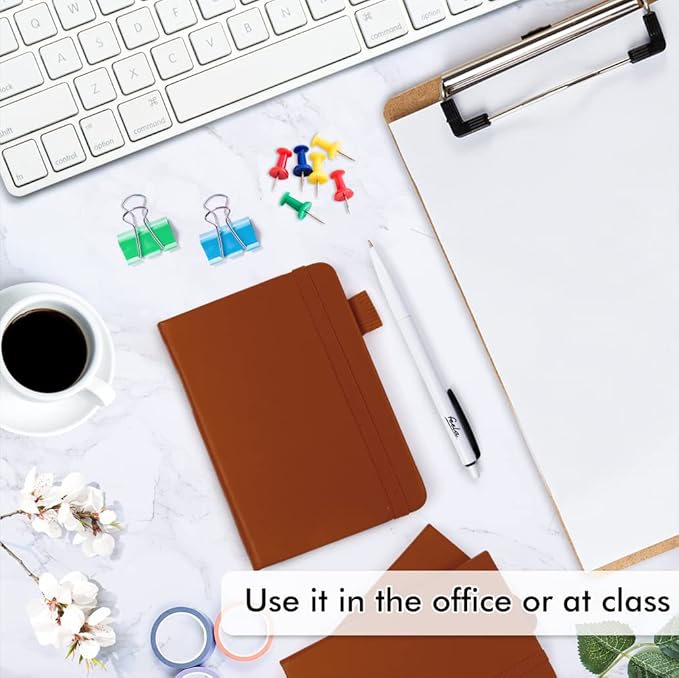 feela 6 Pack Pocket Mini Notebooks Bulk, Small Cute Memo Notepads Hardcover College Ruled Lined Journals with Pen Holder for School Business Work, with 6 Black Pens, 3.5”x 5.5”, A6, Brown