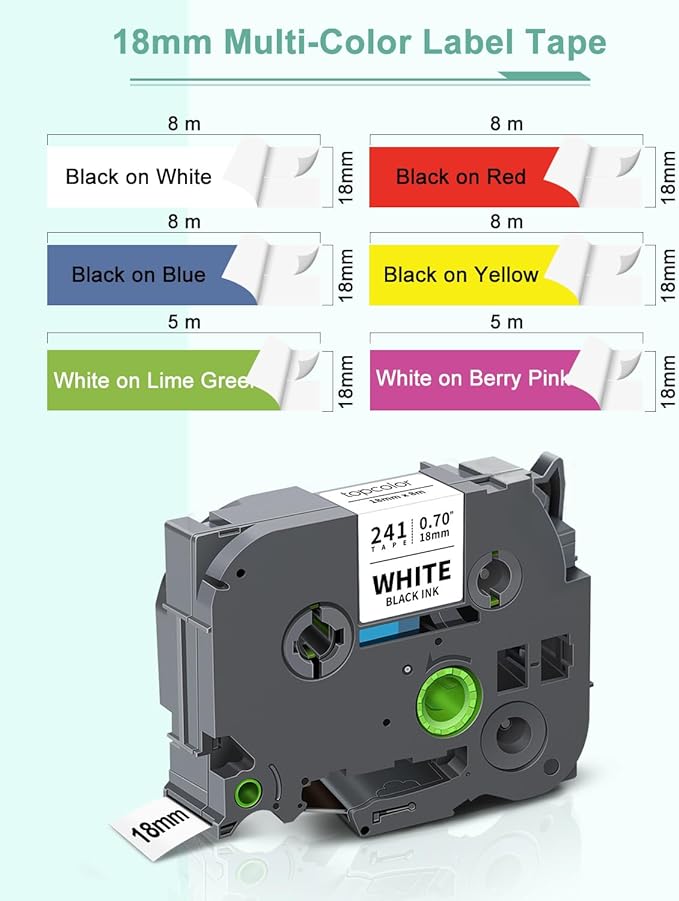 6-Pack 18mm 0.7" Laminated Tape Compatible for Brother P-Touch Label Tape 18mm 0.7 Inch Laminated Colored Tze Tz 3/4" Label for PTD400 PTD610BT PTD410 PTD600, White/Red/Yellow/Blue/Green/Pink