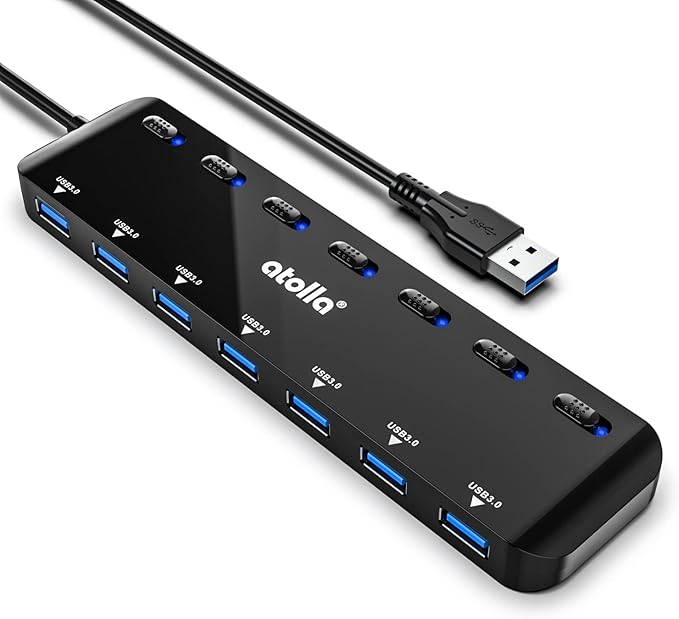 atolla 7-Port USB 3.0 Hub Splitter, USB Extender Ultra Slim Data USB Hub with Individual Power Switch and LEDs