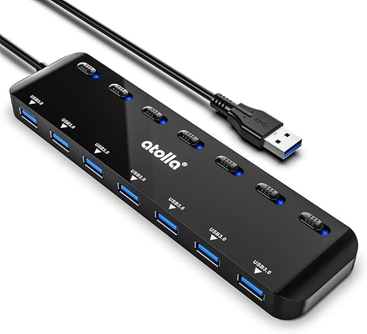 atolla 7-Port USB 3.0 Hub Splitter, USB Extender Ultra Slim Data USB Hub with Individual Power Switch and LEDs