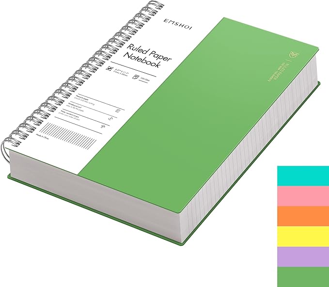EMSHOI A4 Spiral Notebook Lined Journal, 300 Pages, College Ruled, 100gsm Thick Paper, Waterproof Softcover, Twin-Wire Binding, with Sticky Notes, Green (11.2" x 8.27")