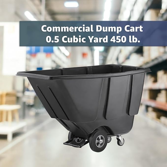 Commercial Rolling Waste Bin 0.5 Cubic Yard 450 lb., Black Tilt Truck, Construction Trash Recycling Trolley, Industrial Dump Cart Transportation, Garbage Wagon