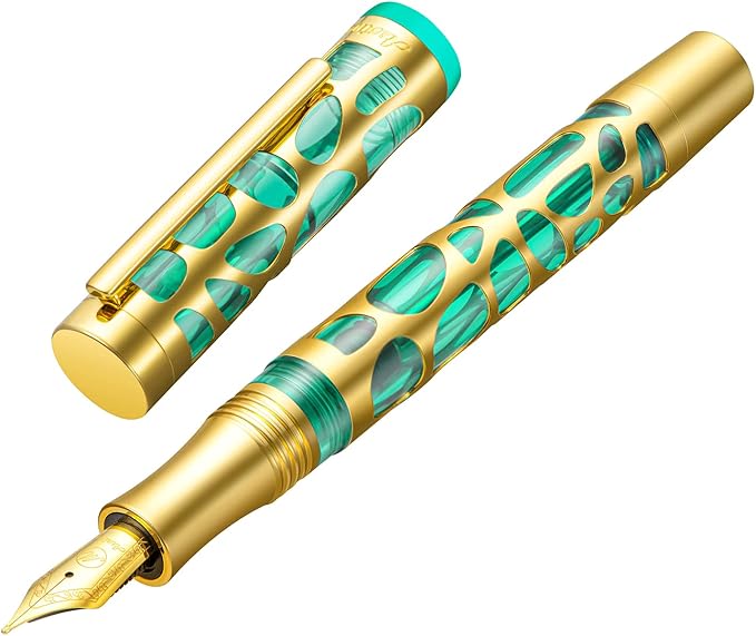 Asvine V169 Vacuum Filling Fountain Pen Iridium Fine Nib, Water Drop Skeleton Gold Trim Transparent Green Acrylic Pen Case Set