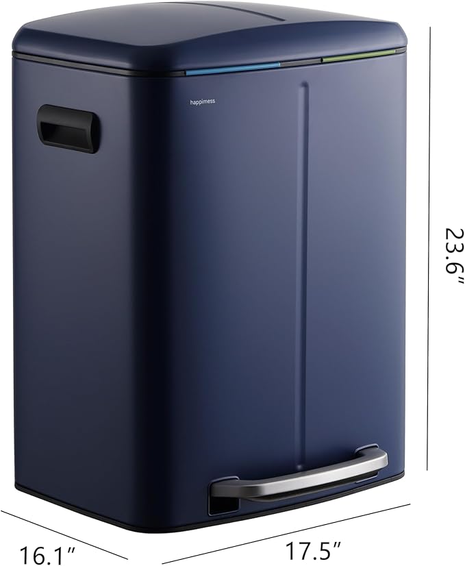 happimess HPM1005J Marco Rectangular 10.6-Gallon Double Bucket Trash Can with Soft-Close Lid, Denim Blue,with Soft-Close Lid, Modern, Minimalistic for Home, Kitchen, Office, Bedroom, Bathroom