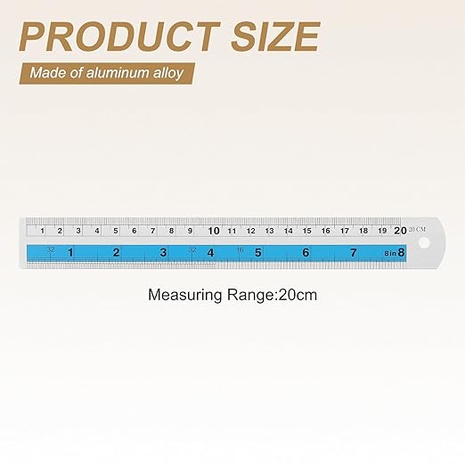 HARFINGTON 4pcs Metal Straight Ruler 20cm Metric SAE Aluminum Alloy Measuring Rulers Scale Tools with Hole for Measure Study Reading Classroom Office, Blue