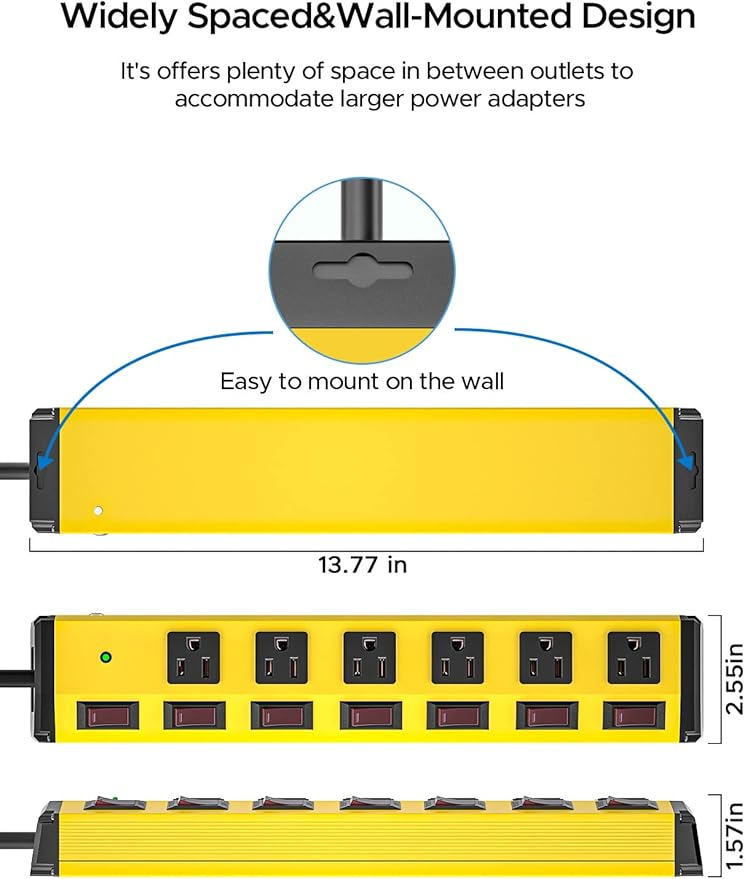 CRST 6-Outlet Heavy Duty Metal Power Strip with Individual Switches, 15AMP/1875W Surge Protector Power Strip(1200 Joules) for Home Garage Office Kitchen School, 6FT 14AWG Cord (Yellow)