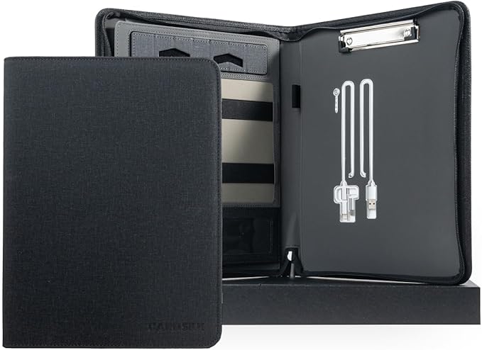 CARDSILK， Leather Zipper Portfolio Binder with Wired Charging, Clipboard – Business Organizer Padfolio folder with Built-in Power Bank, Tablet Slot, Zip Up Binder & portfolio clipboard for Women/Men