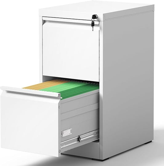 2 Drawer File Cabinet for Home Office, Vertical File Cabinet with Lock, Locking File Cabinet Hanging Files for A4/ Legal/Letter, Require Assembly, White