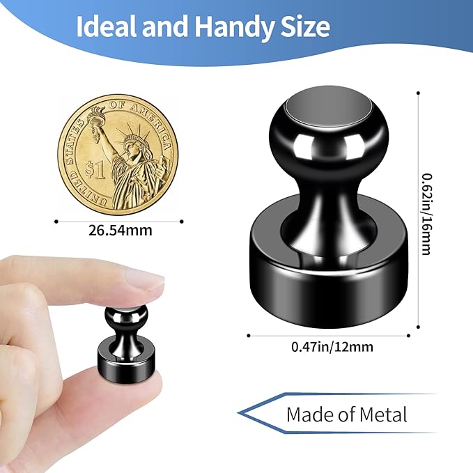 12Pack Fridge Magnets Black,Metal Refrigerator Magnet, Strong Push Pin Magnets for Whiteboard, Refrigerator, Dry Erase Board, Map, Locker Accessories, Office Accessories, Kitchen Accessories