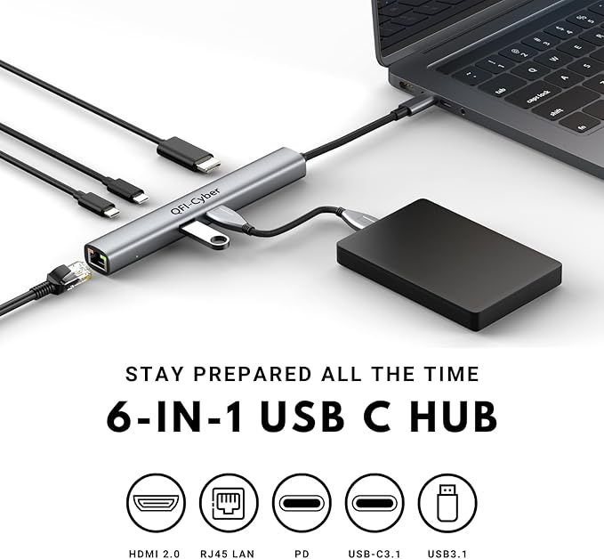 6-in-1 USB C Hub, Ethernet Multiport Adapter, USB C to HDMI Dock with 4K@60HZ HDMI, 2*USB 3.1 Gen 2, 10Gbps Data, RJ45, 100W PD for MacBook Pro/Air, Chromebook, Dell XPS, HP and More