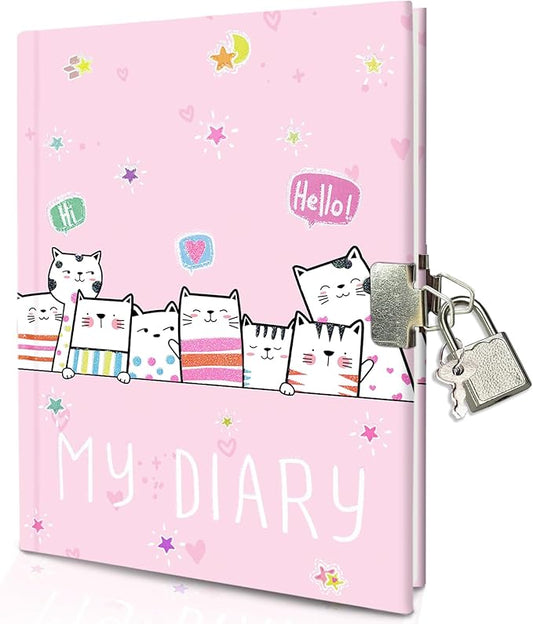 Cat Diary with Lock for Girls, 7x5.25 Inches 160 Lined Pages Secret Kids Diary Cute Cats Journal with Lock and Keys Notebook for Girls Birhtday Gifts for 5-10 Years Old