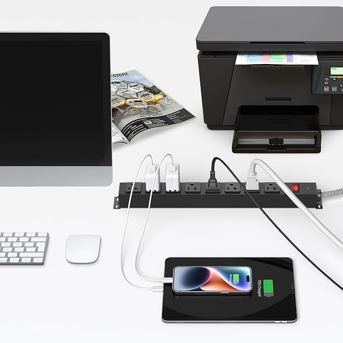 HEZI 20 Amp Power Strip Surge Protector 1200J, Metal 8 Outlets Heavy Duty 20amp, 10Ft 12 Gauge Extension Cord for Appliance Workbench Garage Industrial, Combine with T-Plug Adapter,5-20R T-Slot