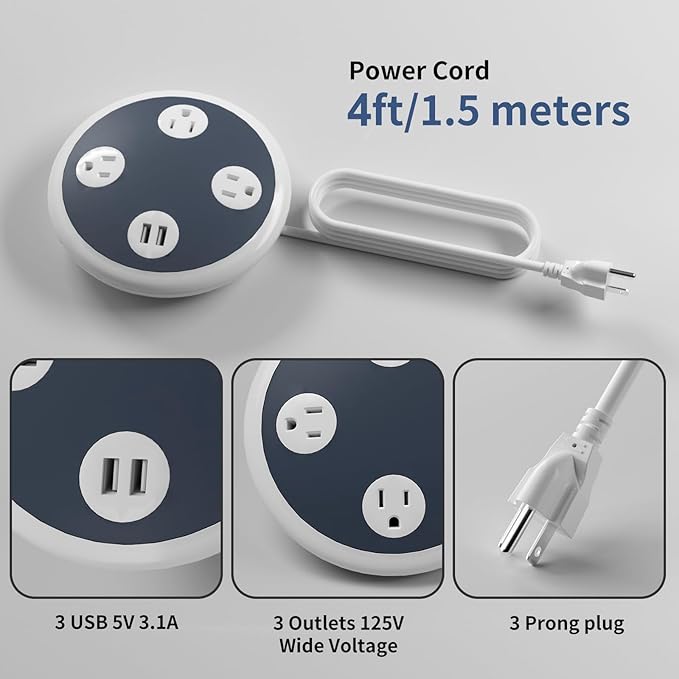 3 Multi Outlet Power Strip Surge Protector with 2 Quick USB Charging Ports, OviiTech Round Desktop Charging Station,UFO Shape, ETL Certified, Black and White