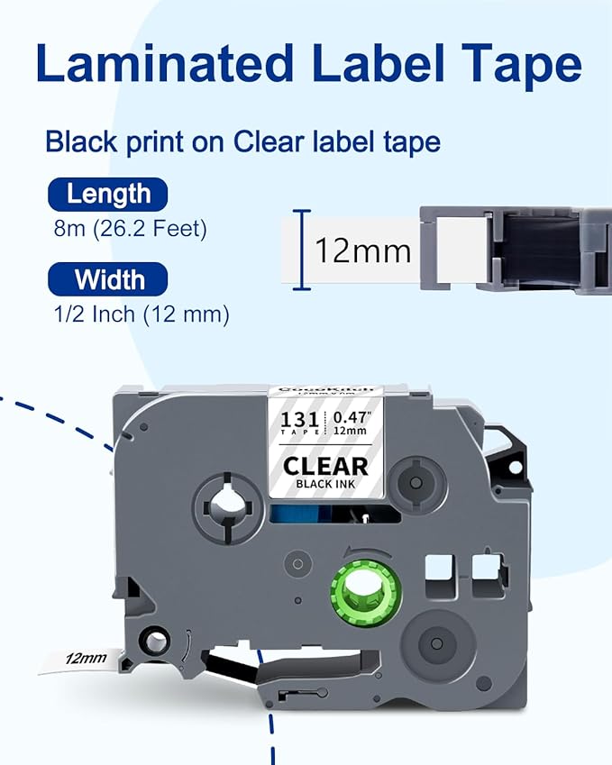 5-Pack TZe-131 TZ Tape 12mm 0.47 Laminated Clear Compatible with Brother P Touch Label Tape TZe131 TZ-131 Work with Ptouch PT-H100 D220 D210 PTD400 PTD-600 PTD610BT Label Maker, 1/2 in x 26.2 ft