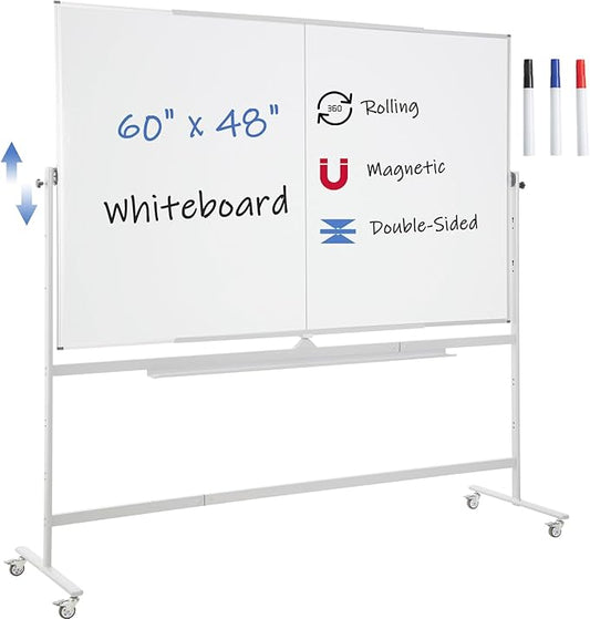 FORTUNO Large Magnetic Mobile Whiteboard 60"x48", Rolling Double Sided Stand Whiteboard on Wheels, Reversible Adjustable Height/Angle Dry Erase Board 5' x 4' Easel White Board for Office Classroom