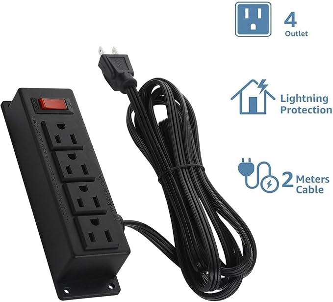 2Pack Wall Mount Power Outlet Strip, 4 Outlet Mountable Power Strip with Switch, Under Desk Power Strip Connect with 6ft Cord Mount Under Desk, Workbench, Nightstand, Dresser, Table.(Black)