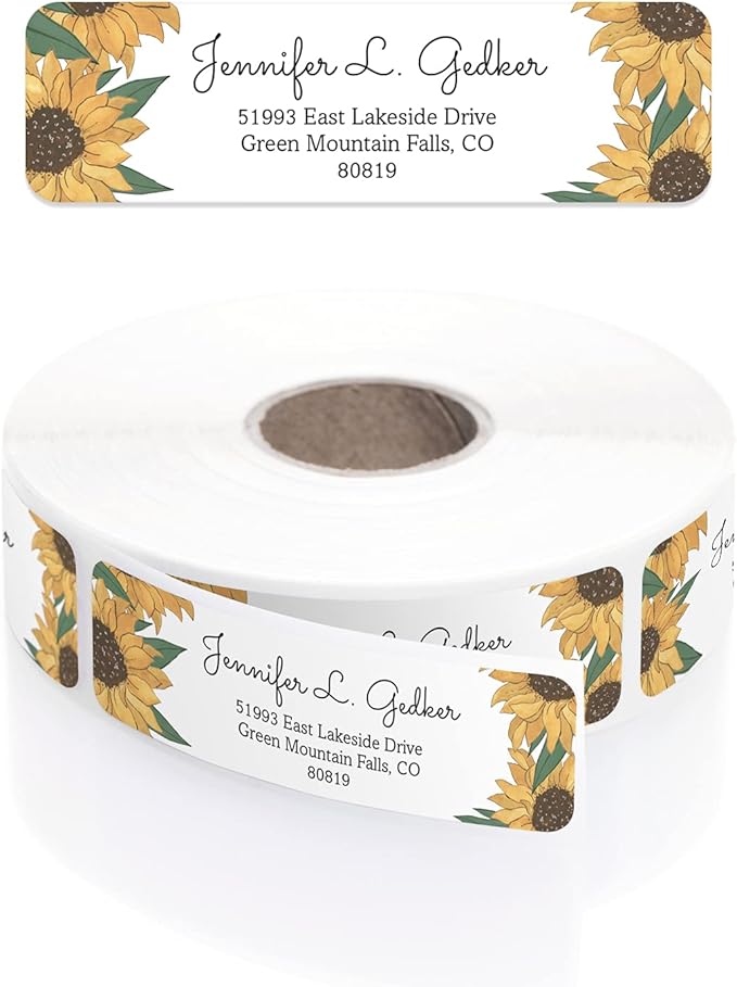 Illustrated Sunflower Rolled Address Labels/Roll of 500 Floral Garden Personalized Address Labels/Designer Return Address Stickers in Elegant Plastic Dispenser