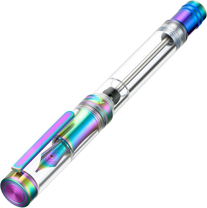 Asvine V200 Titanium Fountain Pen Vacuum Filling, Rainbow Bock Extra Fine Nib Clear Demonstrator Acrylic with Pen Case and Wrench