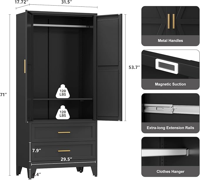 Farmhouse Wardrobe Cabinet with 2 Drawers,Metal Wardrobe Closet with Hanging Rod,Metal Armoire with Adjustable Shelves for Bedroom,Living Room, Cloak Room,Office (Blakc)