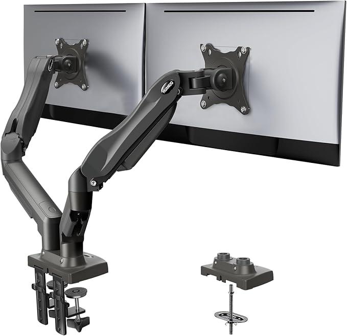 HUANUO Dual Monitor Stand - Full Adjustable Monitor Desk Mount Swivel Vesa Bracket with C Clamp, Grommet Mounting Base for 13 to 32 Inch Computer Screens - Each Arm Holds 4.4 to 19.8lbs -Grey