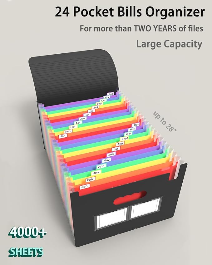 Accordion File Organizer, 2 Pack 24 Pockets Expanding File Folders, Portable Monthly Bill Receipt Documents Organizer with Colorful A-Z Tabs, Letter/A4 Size - Black