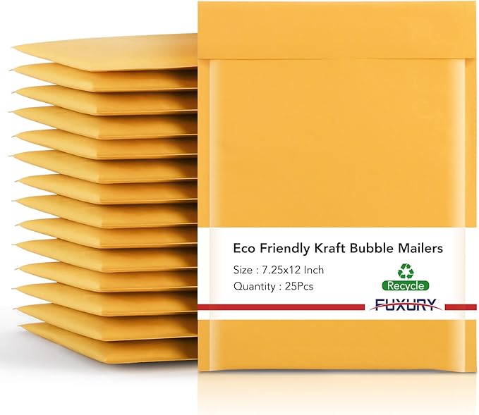 Fuxury Kraft Bubble Mailer 7.25x12 Inch 25 Pack，CD DVD Mailers,Strong Adhesion Padded Envelopes,Self Seal Bubble Envelope, Waterproof Cushioned Shipping Packaging for Small Business