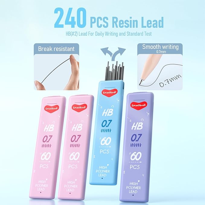 6PCS 0.7mm Mechanical Pencils Set with Case, Cute Pastel Mechanical Pencil with 240PCS HB Lead Refills, 3 Erasers, Aesthetic Back to School Supplies for Student Writing Drawing Sketching