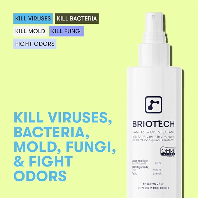 BRIOTECH Sanitizer Disinfectant Hypochlorous Spray, Kill 99.99% of Viruses & Bacteria, Control Mold, Eliminate Odor, Gentle for Nurseries, Food Contact Surface Sanitizer, 2 fl oz Travel Size