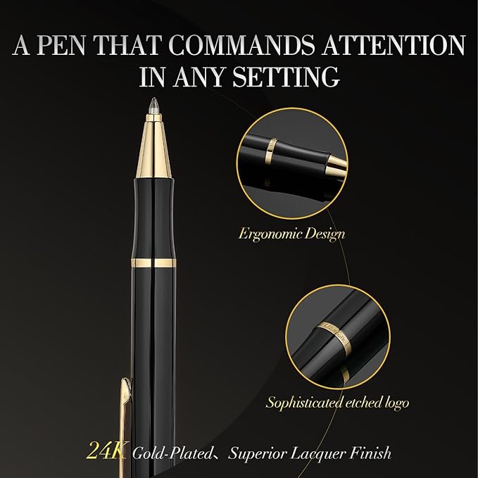 Black Gel Pen With 24K Gold Finish, Fine lacquer work, Best Men's And Women's Gift Pen Set, Professional, ADMOK Black Refill, Smooth Writing, Executive, Office, Click, Nice Retractable Pens