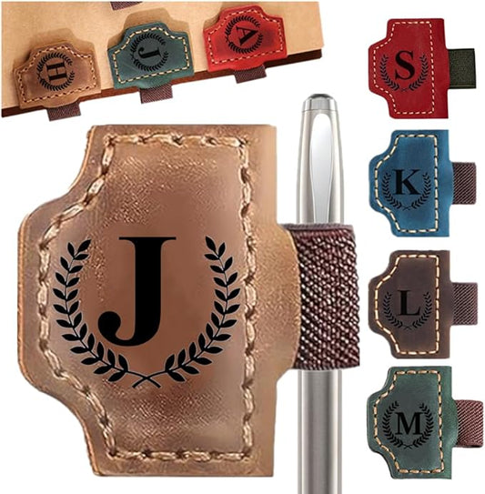 Custom Bookmark with Pen Holder 26 Letters Personalized Magnetic Leather Book Mark, Book Marker with Initials Pencil Clip for Sketch Pads for Men Women, Gifts for Book Lovers, Artists (Brown, J)