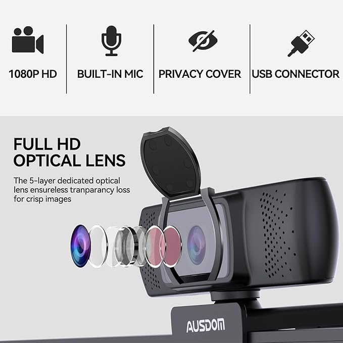 AUSDOM AF640 1080P Webcam with Microphone, 90°FOV USB PC Camera Webcam with Privacy Cover, Plug and Play Computer Camera for Online Calling/Conferencing, Zoom/Skype/YouTube, Laptop/PC
