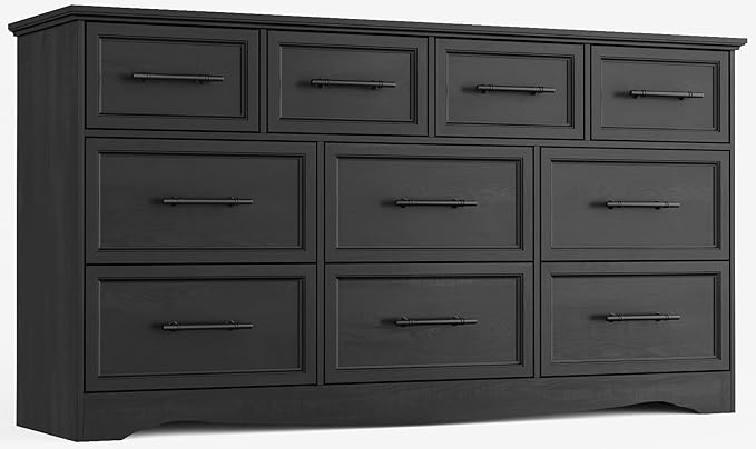 Black Farmhouse Dresser for Bedroom, 10 Chest of Drawers, 59" Wide Chest of Drawers with Brushed Metal Handle, Wood Closet Organizers and Storage Cabinet for Bedroom, Living Room, Hallway