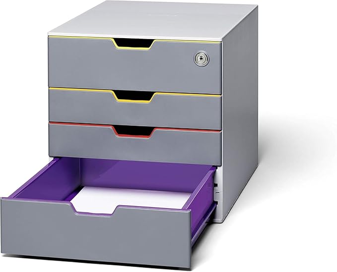 Durable VARICOLOR 4 Lockable Drawer Unit - Gray Desktop Filing Drawer Set with 4 Color Coded Draws - Letter Size Files - Top Draw is Lockable - Perfect for Storing Documents and Paper Work