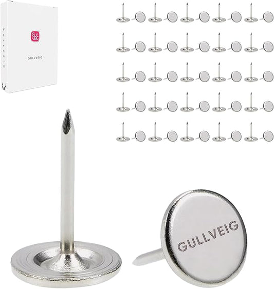 Gullveig Silver Push Pins and Thumb Tacks: Heavy Duty Flat Upholstery, Long Carpet Tacks, and Decorative Nails for Wood and Fabric, 50 Count