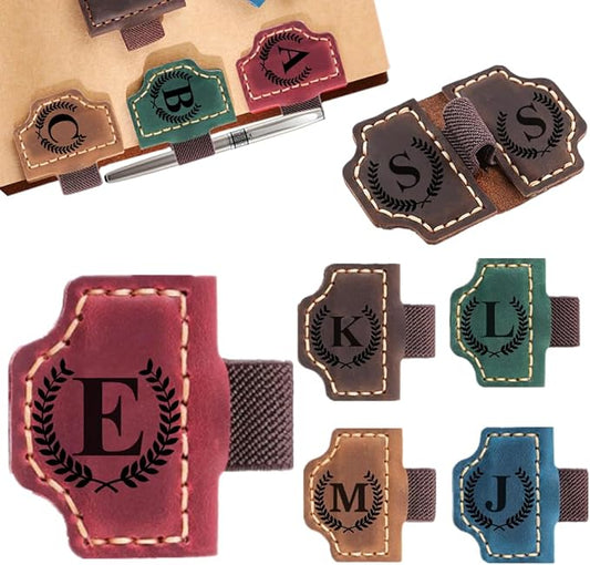 Custom Bookmark with Pen Holder with 26 Letters Personalized Magnetic Leather Book Mark, Customized Name Book Marker Clip with Initial for Men Women, Gifts for Book Lovers, Readers, (Red, E)